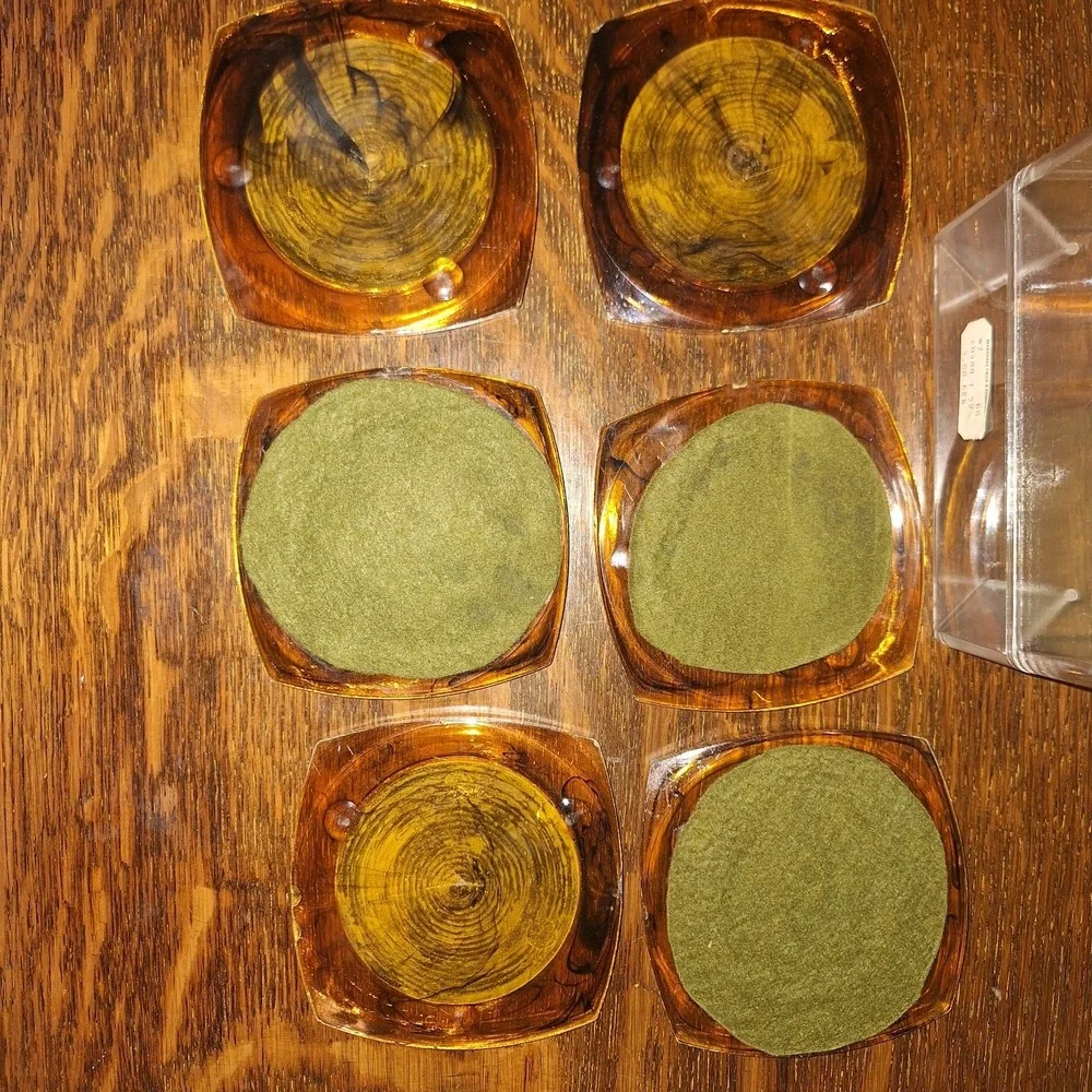 Vintage 1960s MCM Amber Tortoise Shell Lucite Acrylic Coasters Set Of 6